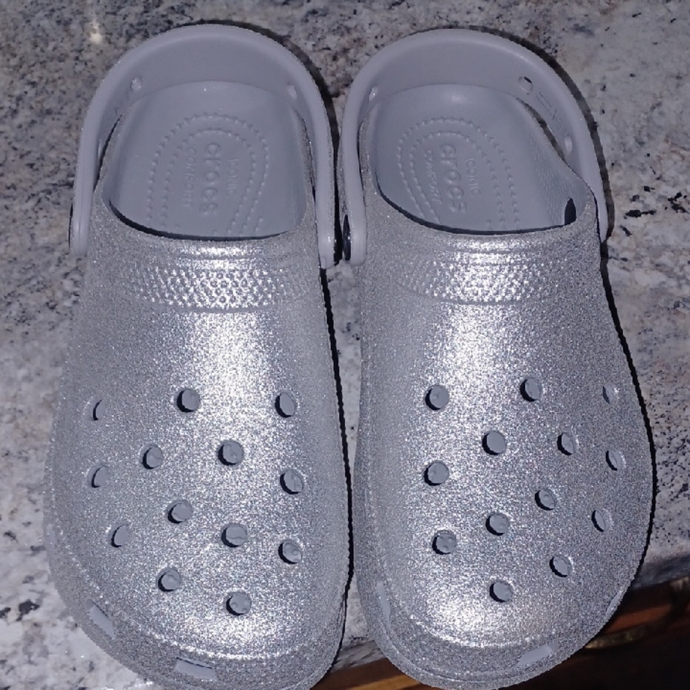 CROCS Womens Platform Glittery Silver Crocs